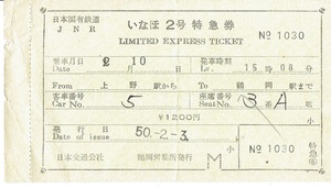 【特急券】いなほ２号　上野から鶴岡　昭和50年　国鉄