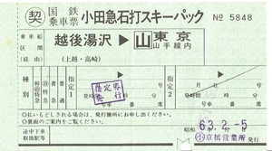【国鉄乗車票】小田急石打スキーパック　越後湯沢→東京