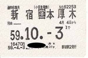 【通学定期乗車券】小田急電鉄　新宿⇔本厚木　昭和59年