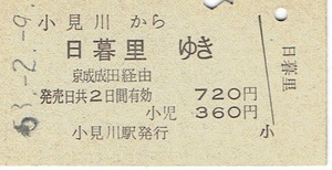 【A型硬券 連絡乗車券】小見川から日暮里ゆき　京成成田経由