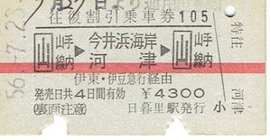 【A型硬券 往復割引乗車券】山手線内⇔今井浜海岸・河津　伊豆急行経由