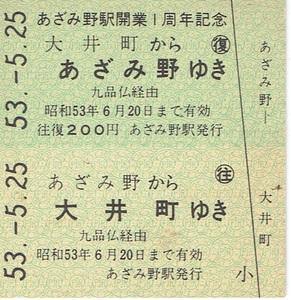 【C型硬券 記念往復乗車券】東京急行電鉄　あざみ野駅開業１周年記念