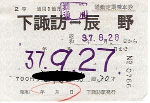 【通勤定期乗車券】下諏訪⇔辰野　昭和37年　国鉄
