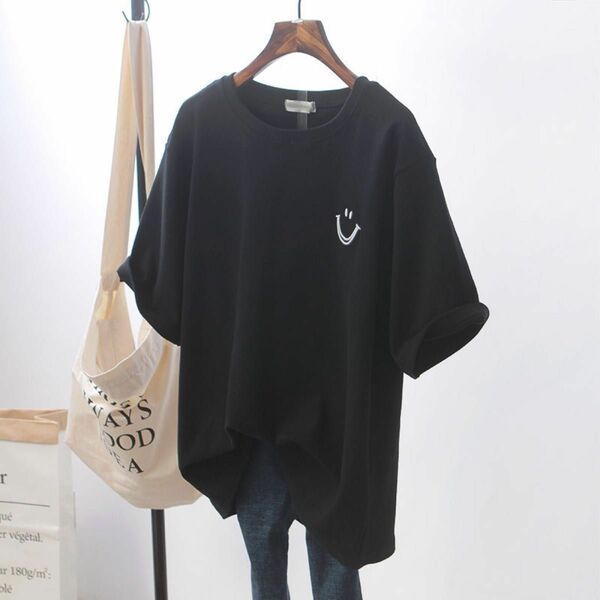 tシャツ レディース 半袖 トップス 韓国 人気 ワイドTシャツ 黒　L新品