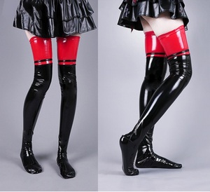  most new work L size black red PU enamel lustre finishing knee-high height stockings costume play clothes 8040-26