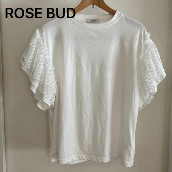ローズバッド　Tシャツ　切り替え　メッシュ　デザインTシャツ　白　ホワイト 半袖Tシャツ