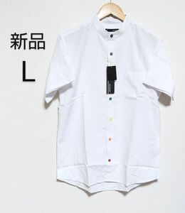 【新品】GELEONE オックスフォードバンドカラーシャツ 半袖 カラーボタン ホワイト Lサイズ