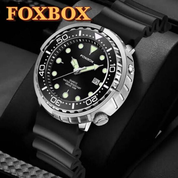 新品 FOXBOX ブラックフェイス オマージュ メンズ腕時計 シリコンベルト ツナ缶