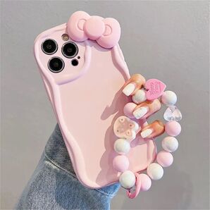 iPhone14/13ケース パステルピンク ストラップ付き かわいい 韓国 リボン チャーム チェーン キティちゃん