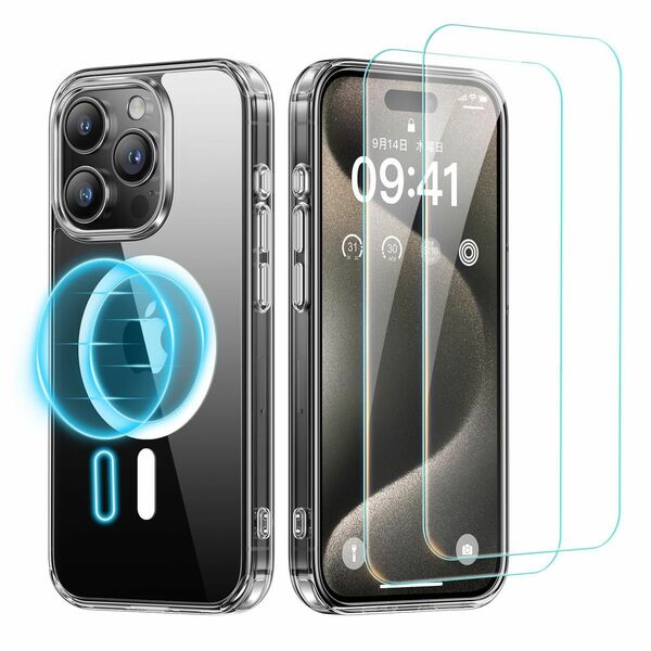 ガラスフイルム（2枚）+ケース iPhone15 Pro用 クリア 保護ケース Magsafe対応 黄変防止 ワイヤレス充電対応