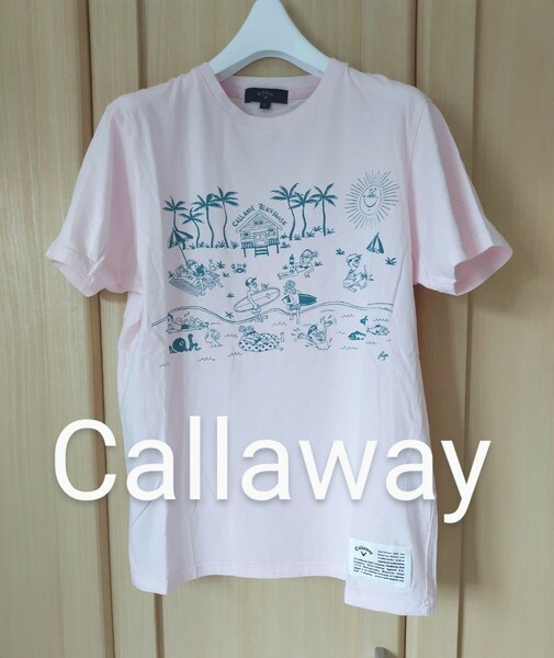 Callaway レディースM キャロウェイ ゴルフ ビーチプリント 半袖 Tシャツ 日本製 正規品 ピンク
