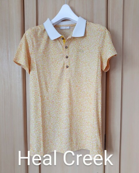 Heal Creek レディース40 ヒールクリーク ゴルフ 半袖 花柄 ポロシャツ ブランドロゴマーク刺繍 レM相当 日本製 正規品