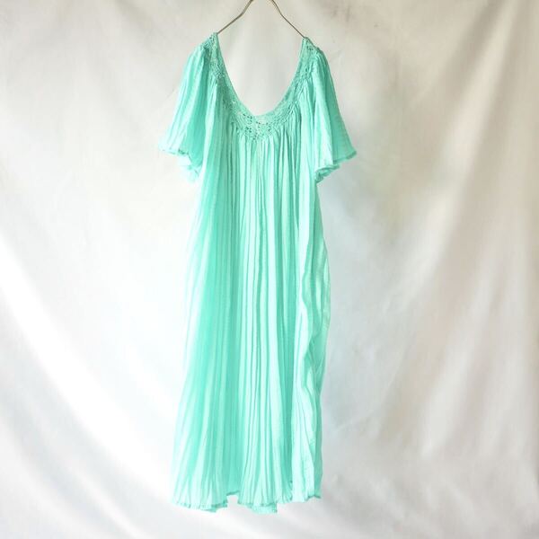Made in pakistan green onepiece パキスタン製 グリーン プリーツ 鍵編み ワンピース ヴィンテージ 古着 半袖 ドレス