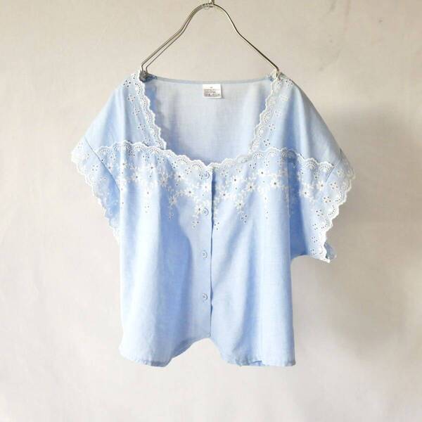 Euro vintage paleblue embroidery shirt tops ヴィンテージ 刺繍 水色 前開き シャツトップス vintage