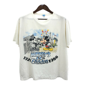 80年代 USA製 Disney ディズニー ミッキーマウス 60周年 半袖Ｔシャツ キャラクター ホワイト (メンズ L) 中古 古着 Q5967