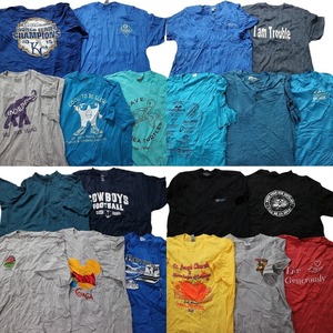 古着卸 まとめ売り カラーmix プリント 半袖Tシャツ 20枚セット (メンズ XL ) ヘンリーネック 英字プリント ブルー系 MT2354 1円スタート