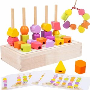 Bajoy 4in1 モンテッソーリ玩具 棒通しおもちゃ 紐通しおもちゃ 型はめ 形合わせ はめ込み 積み木もできる多機能知育玩具