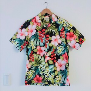  Гаваи производства гавайская рубашка Hawaiian рубашка botanikaru общий рисунок цветочный принт USA производства гибискус черный / Vintage 70S 80S 90S