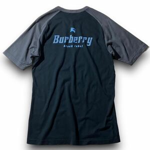 【希少L デカロゴ 】BURBERRY BLACK LABEL ビッグ ホース ロゴ プリント ラグランスリーブ Tシャツ 半袖 3 黒 バーバリーブラックレーベル
