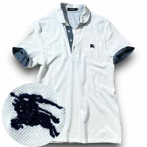 【未使用級】BURBERRY BLACK LABEL ホースロゴ刺繍 シャンブレー切替 ポロシャツ 半袖 ホワイト 2 M 鹿の子 バーバリーブラックレーベル 