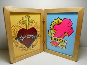 Chaos カオス CARD CO.十字架 アイアンクロス ハート キリスト デッドストック２枚　Wood 木製 2枚立てかけ付き 刺青 FAITH Tatoo 