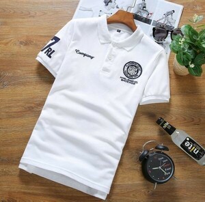 【XL 白】 刺繍 半袖 ポロシャツ メンズ ホワイト ゴルフウェア シャツ シンプル カジュアル 春 夏 3