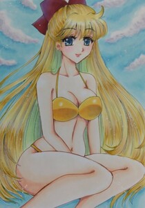 Art hand Auction Ilustración dibujada a mano Traje de baño Sailor Moon Aino Minako☆ A5, Historietas, Productos de anime, Ilustración dibujada a mano