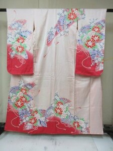 1 иен б/у натуральный шелк женщина . ребенок кимоно .. "Семь, пять, три" японский костюм японская одежда веер цветочный принт . цветок симпатичный высококлассный . длина 152cm.59cm[ сон работа ]**