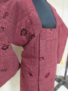 1円 良品 化繊 道行着 和装ロングコート 和服 赤紫 ビロード 草花 植物 鉄線 草花 高級 袷 身丈86cm 裄63cm【夢職】★★★