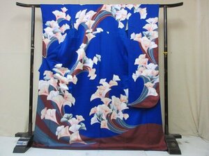 1 jpy superior article silk kimono long-sleeved kimono .. Japanese clothes type . Japanese clothes regular equipment blue olientaru.. flower Tang .. length 164cm.66cm * excellent article *[ dream job ]****
