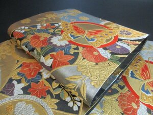1 иен хорошая вещь натуральный шелк двойной пояс obi .. японский костюм японская одежда запад . тканый серебряный нить золотой нить земля бумага Hanamaru бабочка . цветок . брать шесть через рисунок длина 430cm * замечательная вещь *[ сон работа ]****