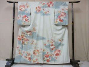 1 иен б/у натуральный шелк кимоно выходной костюм .. тип . японский костюм Hanamaru цветочный принт . 4 сезон цветок высококлассный . длина 153cm.64cm[ сон работа ]***