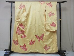 1 jpy superior article silk kimono long-sleeved kimono .. type . Japanese clothes antique yellow color olientaru.. butterfly Mai butterfly high class . length 153cm.62cm[ dream job ]***