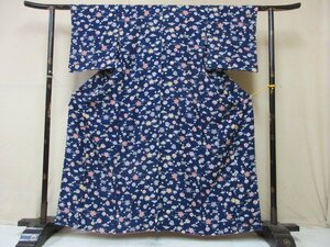 1 иен хорошая вещь натуральный шелк кимоно мелкий рисунок ... шелк японский костюм японская одежда темно-синий маленький цветок цветочный принт ветка цветок . цветок высококлассный . длина 150cm.64cm[ сон работа ]***