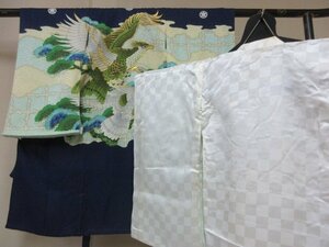 1 jpy superior article silk child kimono for boy production put on underskirt set The Seven-Five-Three Festival Japanese clothes navy blue hawk pine . good-looking . length 97cm[ dream job ]***