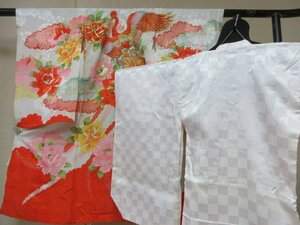 1円 良品 正絹 女児 子供着物 縮緬 七五三 和装 和服 産着 襦袢セット 花喰い鳥 草花 牡丹 雲 高級 袷 身丈99cm 身巾47cm【夢職】★★★