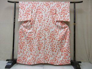 1 иен хорошая вещь натуральный шелк кимоно мелкий рисунок .. японский костюм японская одежда белый копье слива . цветок слива ветка цветок высококлассный . длина 151cm.63cm[ сон работа ]***