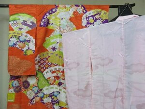 1円 良品 正絹 女児 子供着物 縮緬 七五三 和装 和服 扇子 地紙 草花 花柄 高級 袷 身丈141cm 裄61cm【夢職】★★★