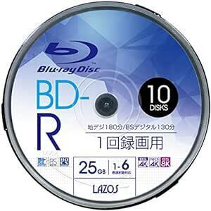 Lazos BD-R 25GB 1-6倍速対応 1回記録用 ホワイトワイド印刷対応 10枚組 スピンドルケース入 L-B10P