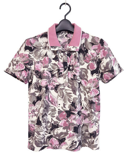 ★ポロシャツ カットソー 半袖 花柄 ピンク グレー 薄手 M