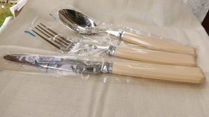  France made spoon, Fork, knife set bright ivory Scof Coutelier orfvre en couleurs