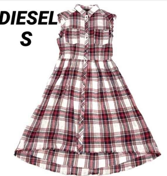 【美品】DIESEL ディーゼル 麻混 チェック ノースリーブ ワンピース S