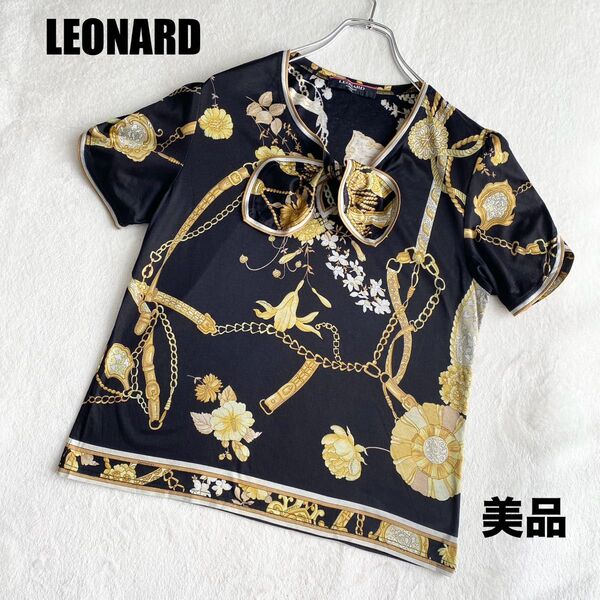 美品 LEONARD 総柄 花柄 ボウタイ カットソー トップス 半袖 半袖Tシャツ Tシャツ レオナール