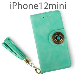 iPhone12mini ケース 手帳型 おしゃれ 12mini カバー 鏡付 可愛い ストラップ アイフォン12ミニ かがみ グリーン 緑 コンチョ 送料無料 安