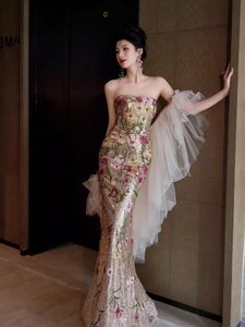 ホステス キャバ嬢 ゴージャス ドレス 結婚式 スパンコール 花柄 パーティードレス コンテスト ワンピース ロング 上品 高質 スナック衣装