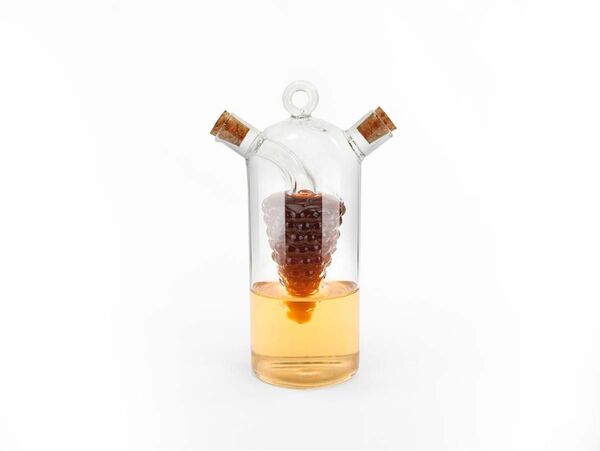 オイル、調味料、蜂蜜など2種類の調味料を同時に収納　2層ガラスボトル　内側層はおしゃれなぶどう型　天然木チップのコルク栓つき