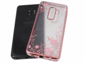 Galaxy S9+ SC-03K SCV39 ギャラクシー S9+ プラス docomo AU 花柄 フラワー ラインストーン ＴＰＵ ソフトタイプ ケース カバー ピンク