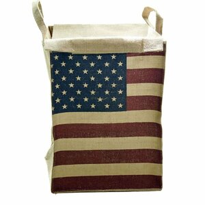 麻素材 バスケット ランドリーボックス 一人暮らしサイズ かご小物 洗濯 衣類 小物 収納 アメリカ国旗 星条旗 角柱型