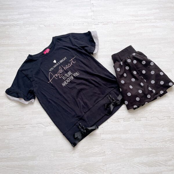 【150 コーデセット】ロゴフリルリボンTシャツ ドット柄スカパン ミニーちゃん