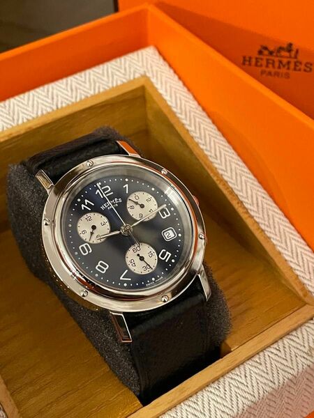 HERMES エルメス 腕時計 メンズ CL1.910 クリッパー クロノグラフ ブルー文字盤 □Q刻印 デイト 可動品